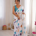 White Floral Digital Printed Linen Saree with Designer Lace Border