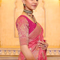 Peach Pink Banarasi Silk Saree with Golden Zari Contrast Magenta Blouse