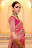Peach Pink Banarasi Silk Saree with Golden Zari Contrast Magenta Blouse
