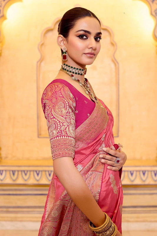 Peach Pink Banarasi Silk Saree with Golden Zari Contrast Magenta Blouse