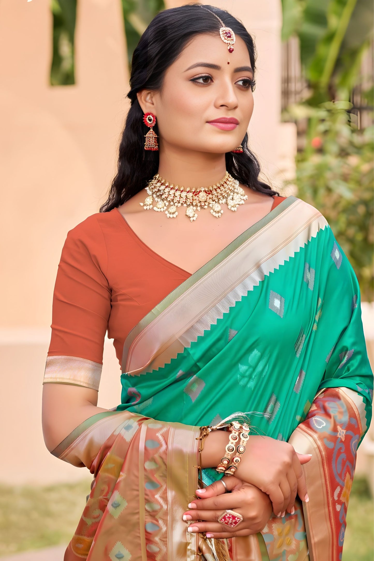Green Silk Saree with Rich Copper Pallu Traditional Motifs