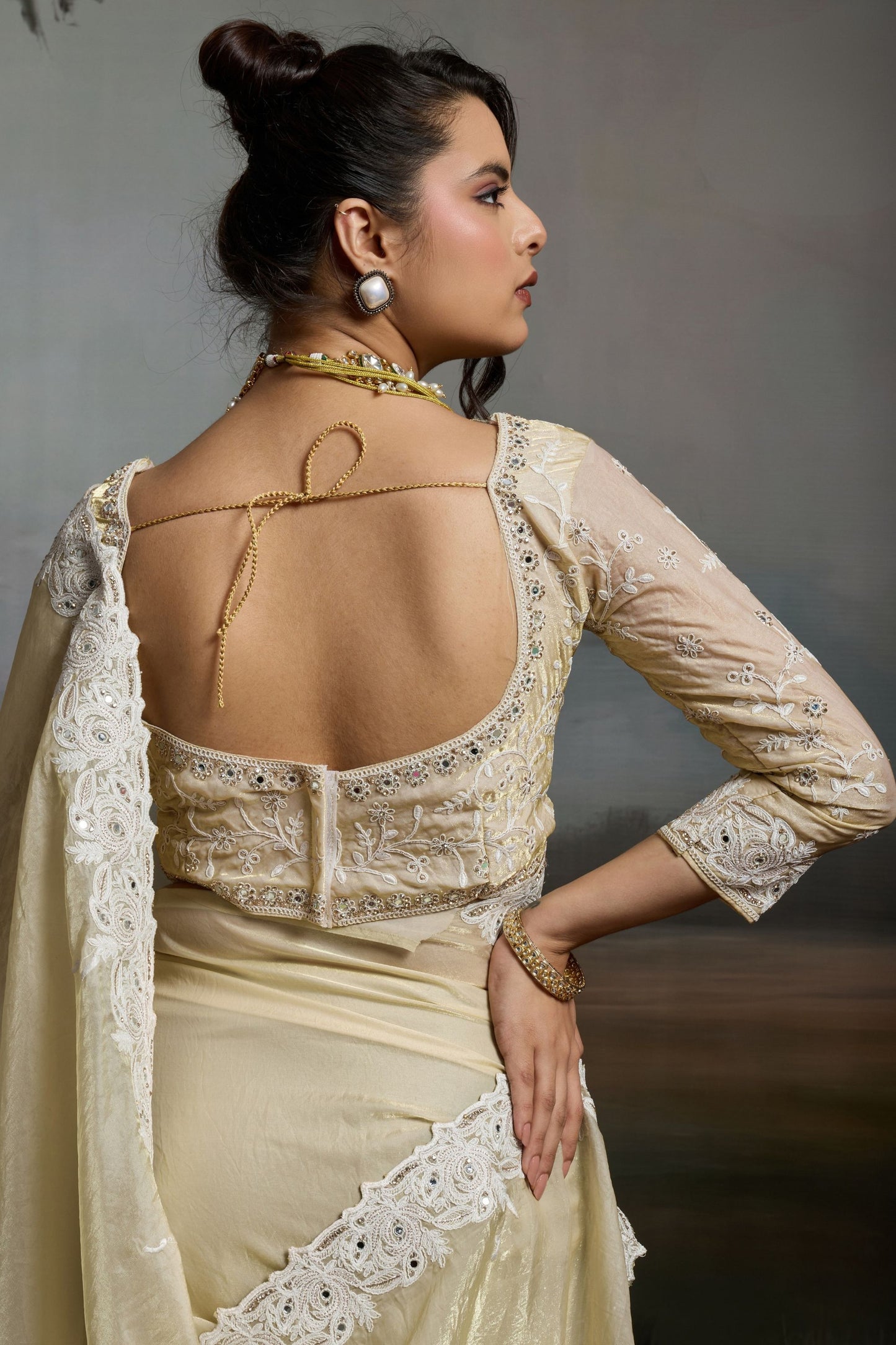 Cream Silk Saree with Designer White Lace Border Party Wear