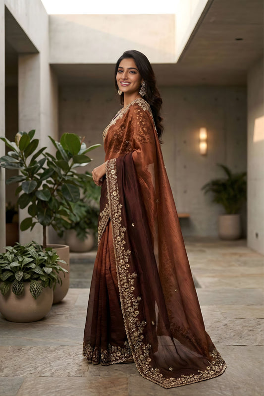 Coffee Brown Ombre Silk Saree with Zari Embroidered Border