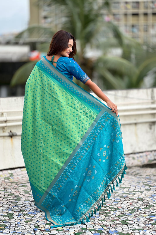 Sea Green Saree Blue Contrast Border Traditional Printed Design