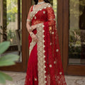  Designer Wine Red Net Saree Heavy Pearl Sequins Embroidery Border 