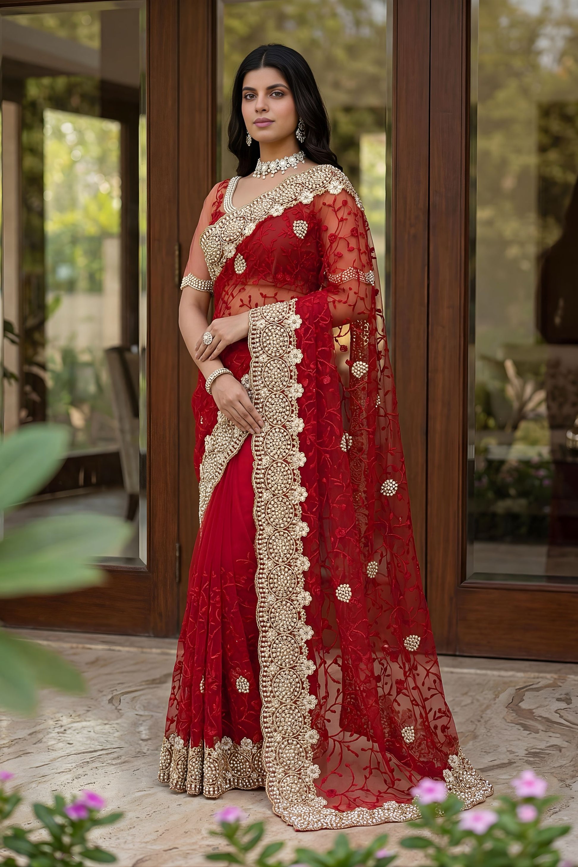  Designer Wine Red Net Saree Heavy Pearl Sequins Embroidery Border 