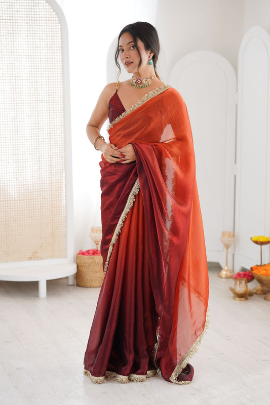 Wine Red Organza Silk Saree Designer Gold Lace Border Matching Blouse