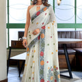 Off White Linen Cotton Printed Saree with Floral Border and Blouse 