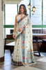 Off White Linen Cotton Printed Saree with Floral Border and Blouse 