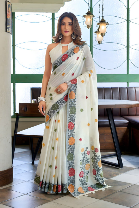 Off White Linen Cotton Printed Saree with Floral Border and Blouse 