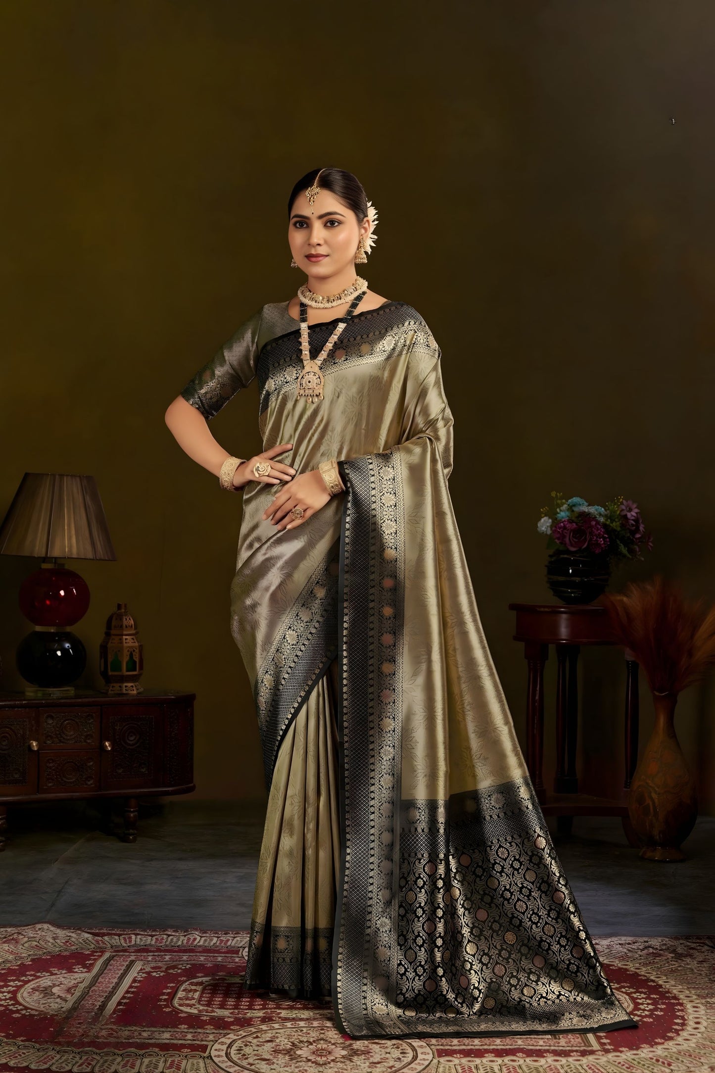  Gold Kanjivaram Silk Saree Black Zari Border Traditional Saree