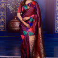 Wine Banarasi Silk Saree with Zari Woven Pallu Multicolor Ikat Design 