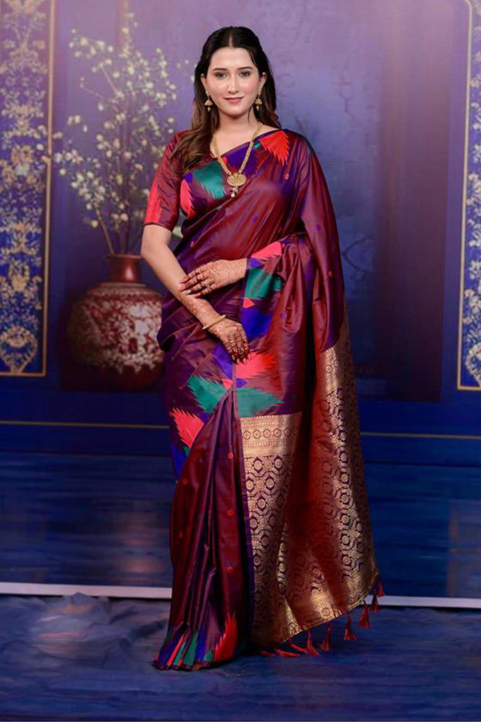 Wine Banarasi Silk Saree with Zari Woven Pallu Multicolor Ikat Design 