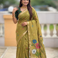 Olive Green Linen Silk Saree with Multicolor Floral Print Woven Border