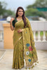Olive Green Linen Silk Saree with Multicolor Floral Print Woven Border