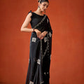 Black Embroidered Georgette Saree Floral Motifs Designer Border
