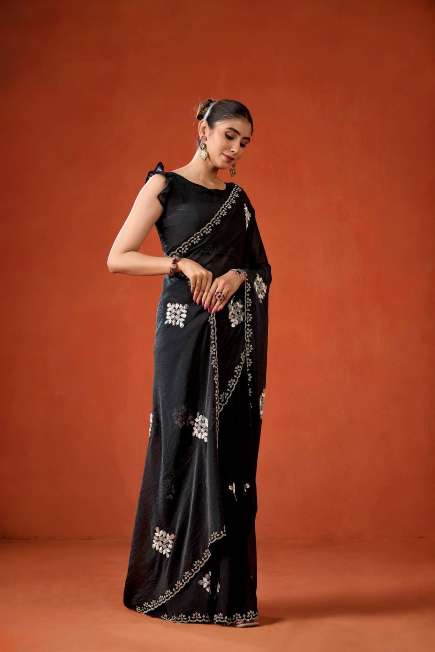 Black Embroidered Georgette Saree Floral Motifs Designer Border
