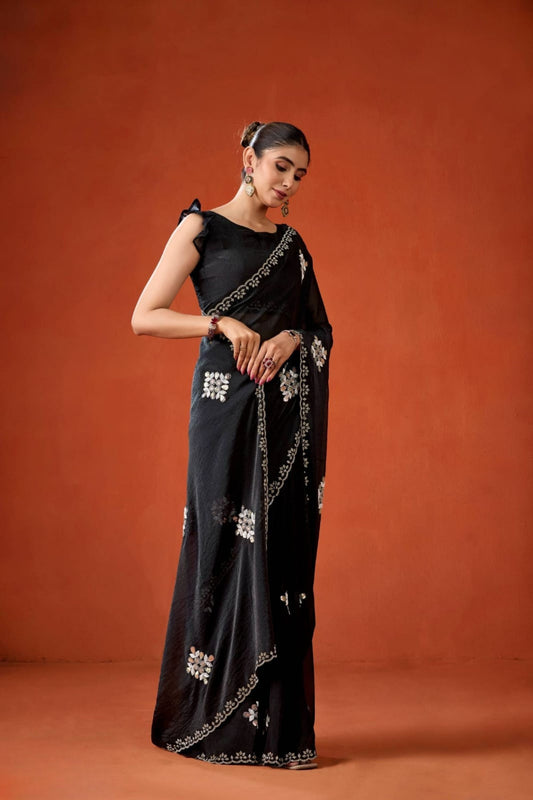 Black Embroidered Georgette Saree Floral Motifs Designer Border