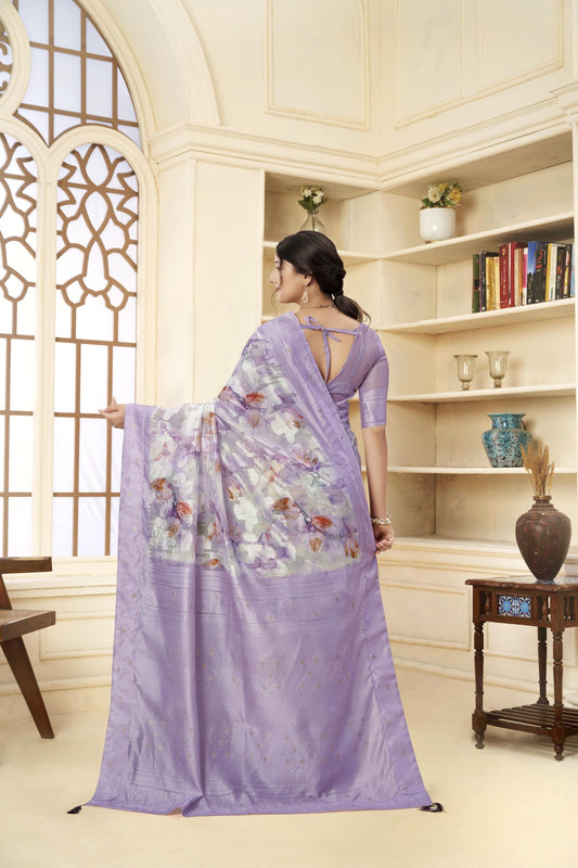 Lavender Floral Printed Linen Silk Saree with Subtle Zari Detailing and Blouse Piece