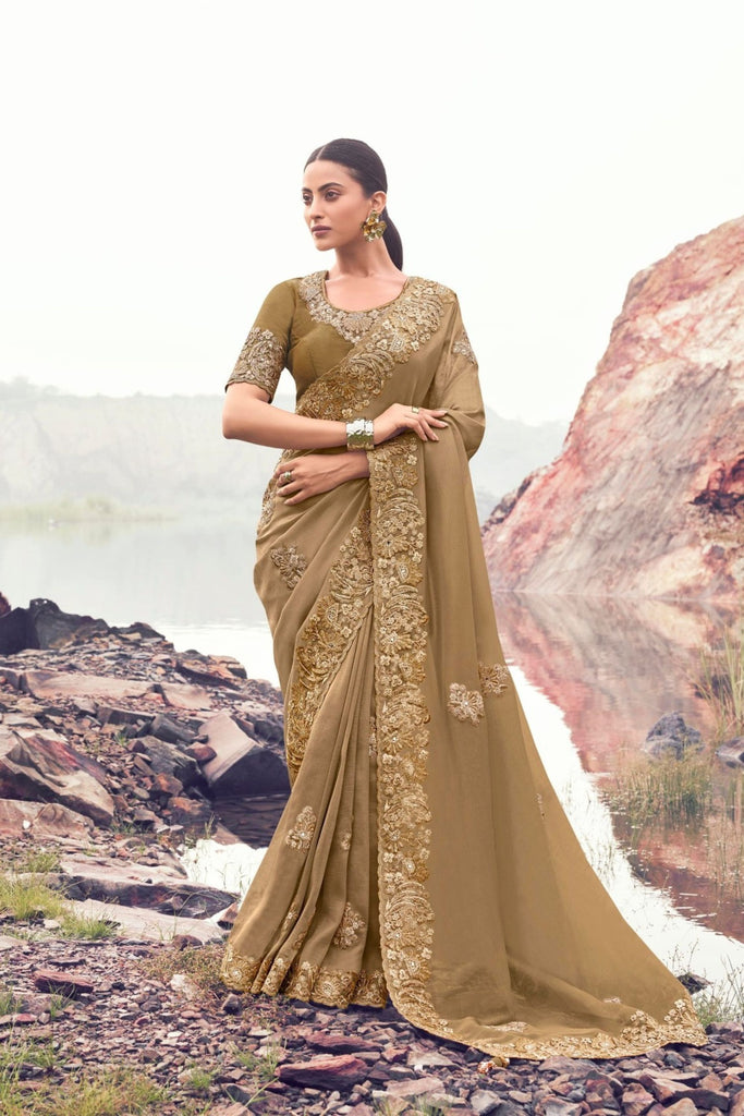 Olive Green Embroidered Silk Designer Party Wear Saree