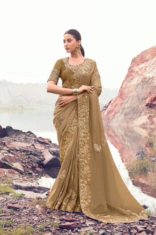 Olive Green Embroidered Silk Designer Party Wear Saree