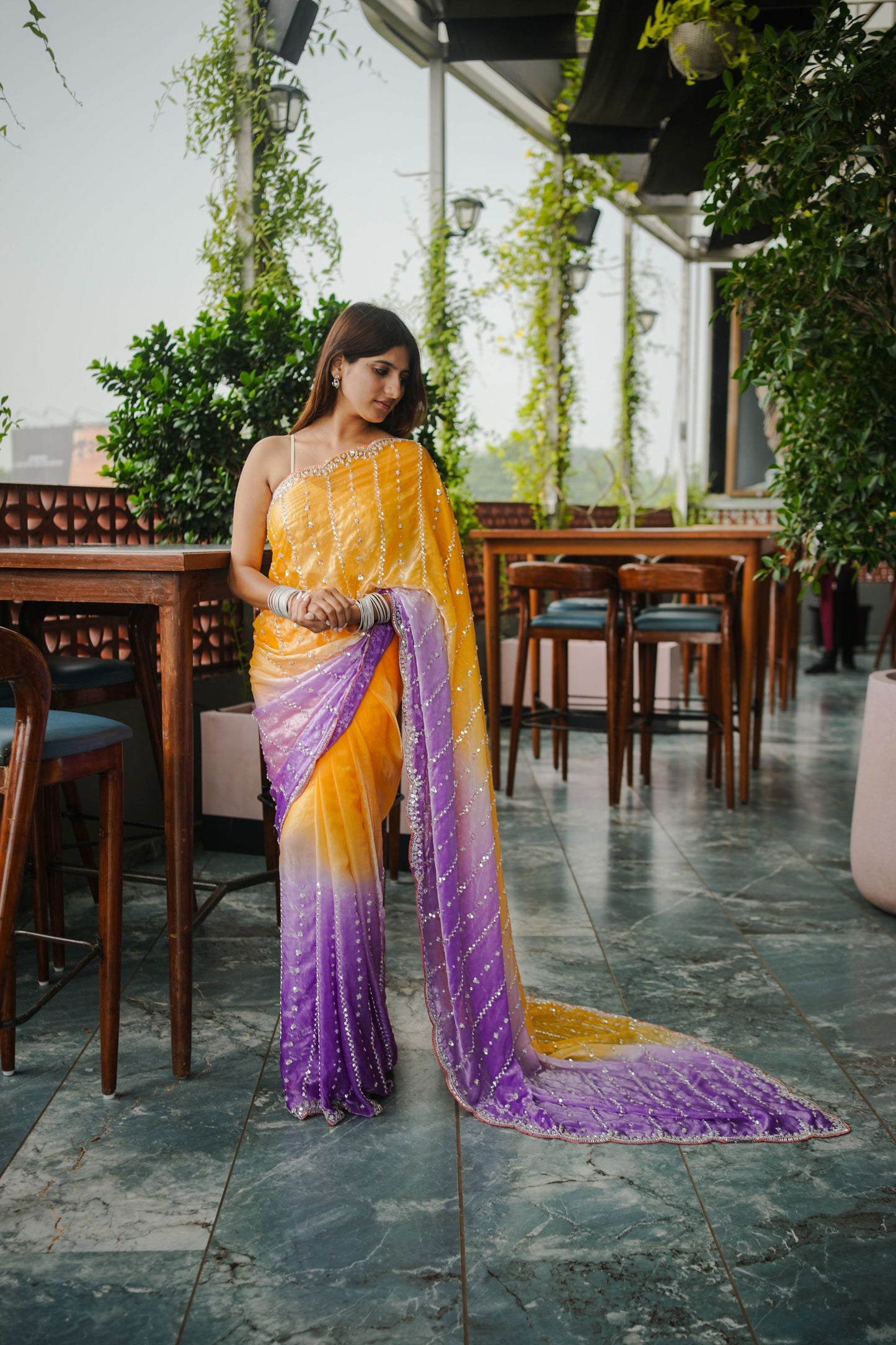 Yellow Purple Ombre Sequins Saree Contrast Border Designer Party Wear