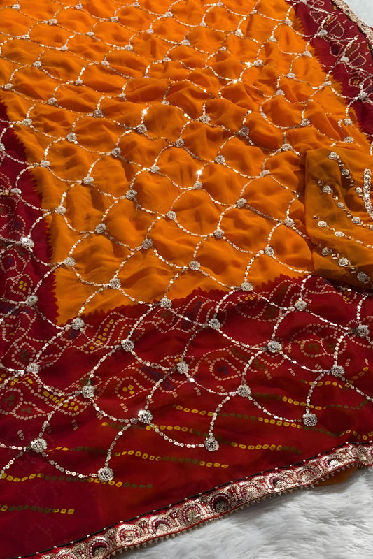 Orange Red Georgette Bandhani Saree Gota Patti Work Embroidered Border