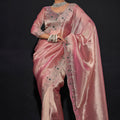 Dusty Pink Shimmer Silk Saree with Heavy Stone Zari Embroidered Border