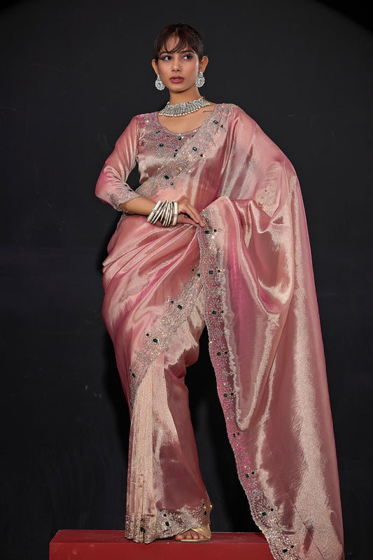 Dusty Pink Shimmer Silk Saree with Heavy Stone Zari Embroidered Border