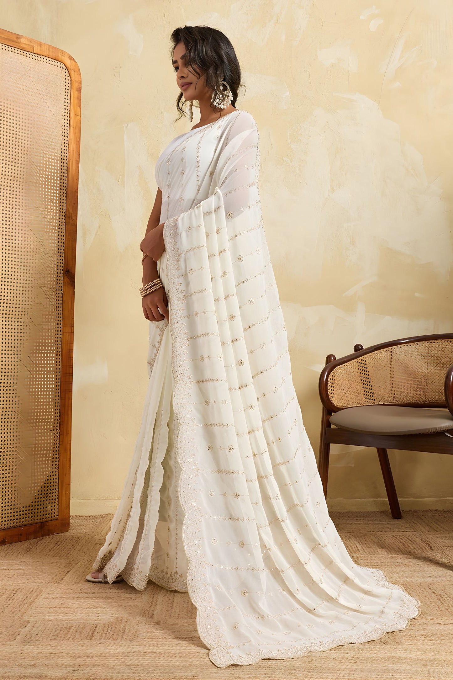 White Designer Saree with Embroidery Sequins Georgette Saree