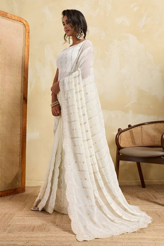 White Designer Saree with Embroidery Sequins Georgette Saree