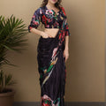 Black Satin Floral Printed Saree with Matching Blouse Party Wear