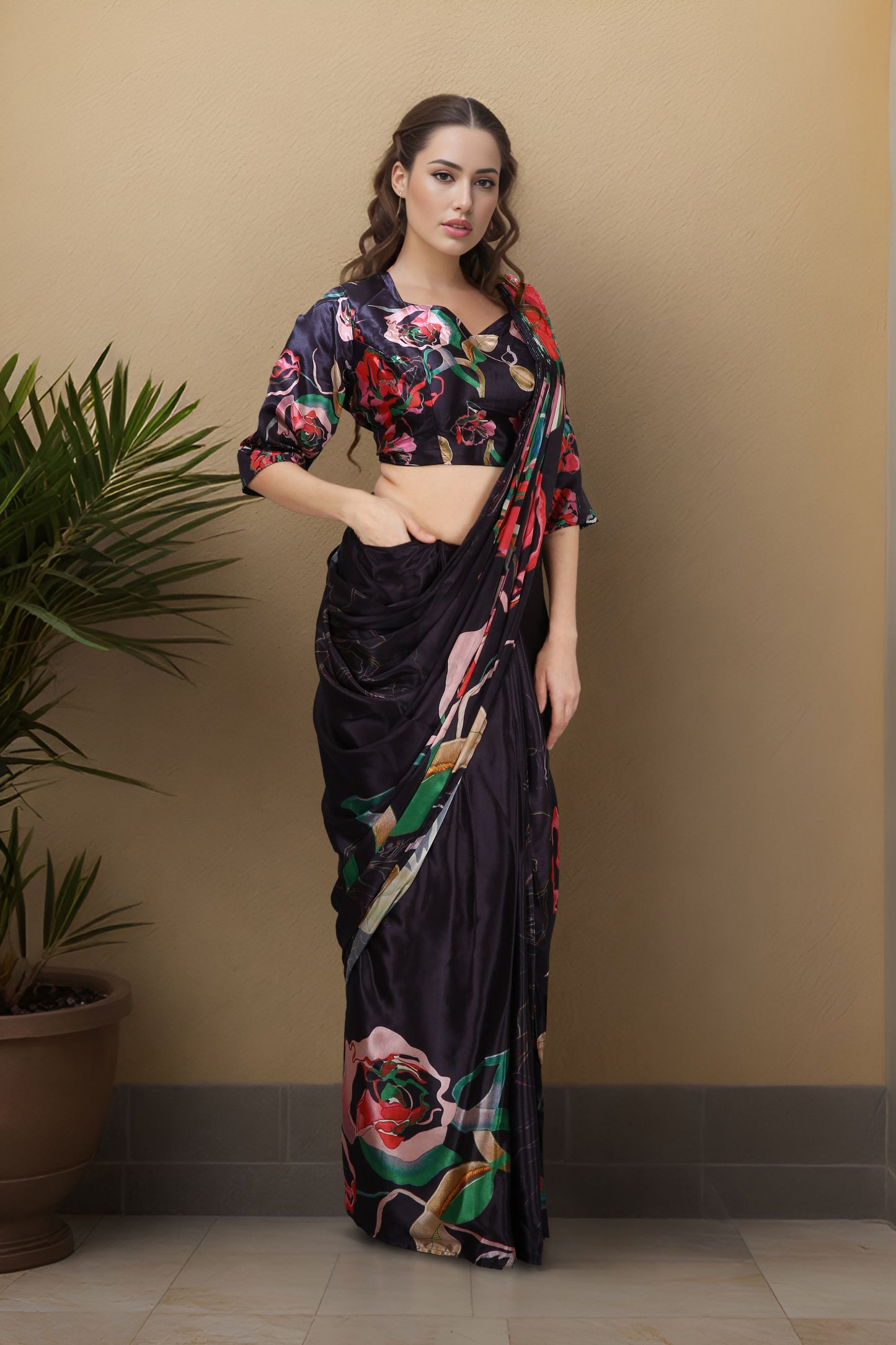 Black Satin Floral Printed Saree with Matching Blouse Party Wear