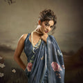 Blue Linen Silk Saree with Floral Digital Print Designer Tassel Pallu