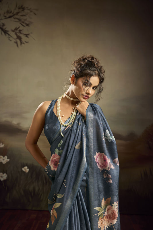 Blue Linen Silk Saree with Floral Digital Print Designer Tassel Pallu