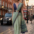  Sage Green Cotton Saree with Geometric Border Designer Blouse 