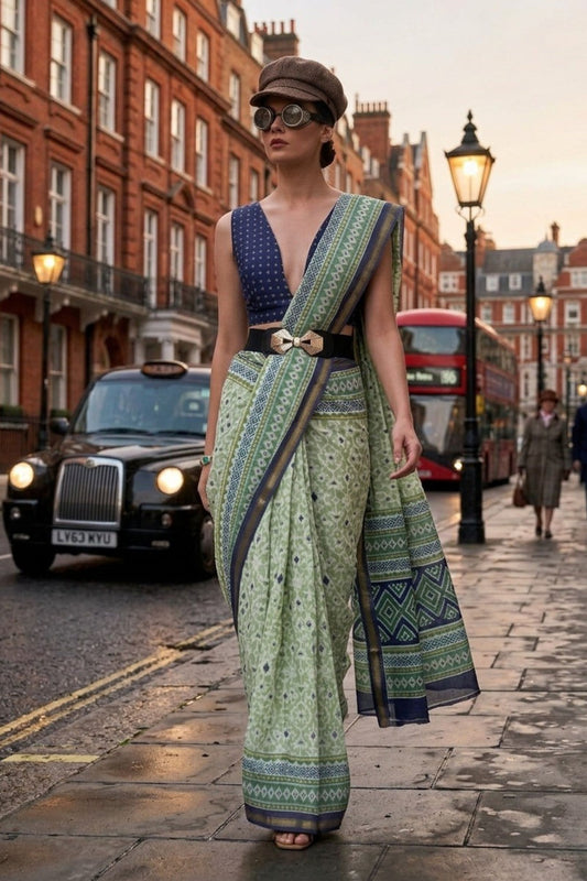  Sage Green Cotton Saree with Geometric Border Designer Blouse 
