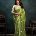 Olive Green Georgette Designer Saree Embroidered Border 