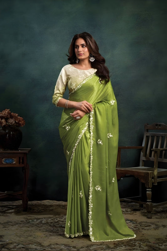 Olive Green Georgette Designer Saree Embroidered Border 