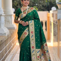 Dark Green Floral Woven Linen Silk Saree Designer Peacock Border