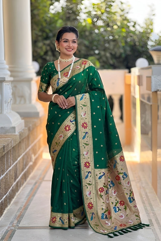 Dark Green Floral Woven Linen Silk Saree Designer Peacock Border