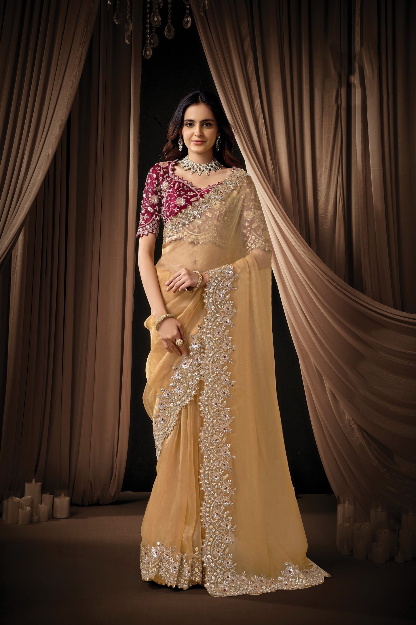 Golden Designer Saree with Heavy Embroidered Border Maroon Blouse