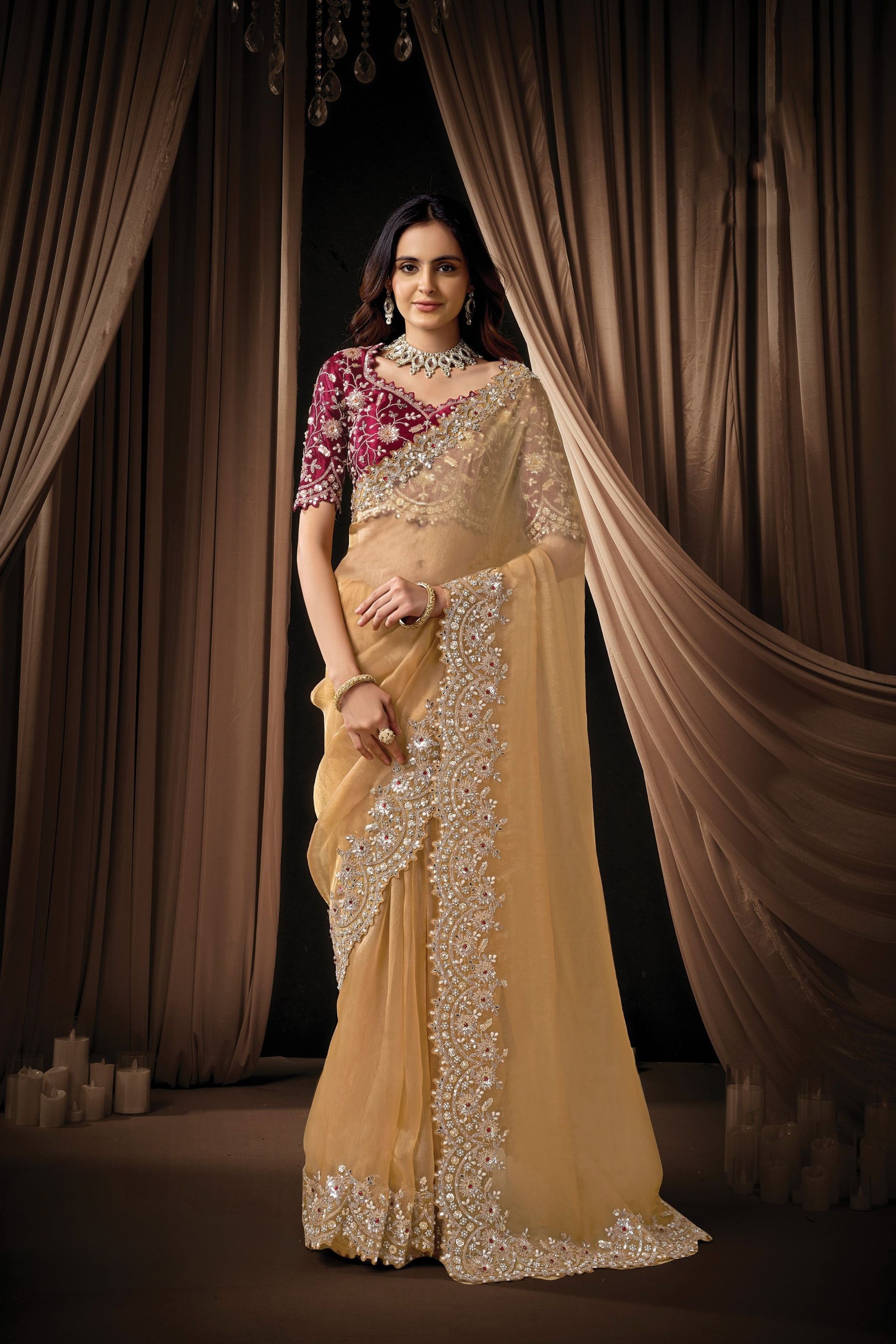 Golden Designer Saree with Heavy Embroidered Border Maroon Blouse