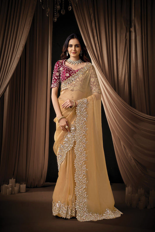 Golden Designer Saree with Heavy Embroidered Border Maroon Blouse