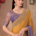 Mustard Yellow Lavender Designer Saree Embroidered Lace Border
