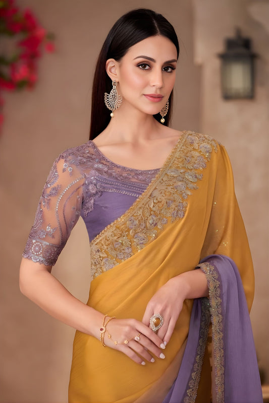 Mustard Yellow Lavender Designer Saree Embroidered Lace Border