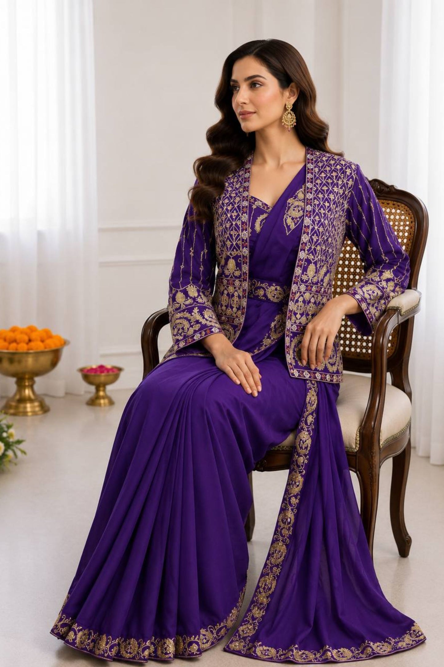 Purple Designer Saree Heavy Golden Embroidered Jacket Border