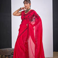 Red Organza Saree with Black Floral Embroidery Designer Saree