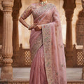 Dusty Pink Organza Silk Saree with Heavy Embroidery Designer Border