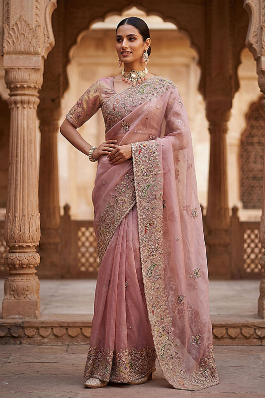 Dusty Pink Organza Silk Saree with Heavy Embroidery Designer Border